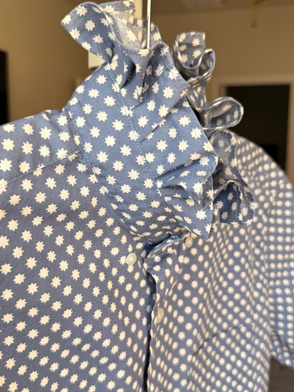 J. Crew Blue White Americana Upcycled Ruffle Blouse  M/L